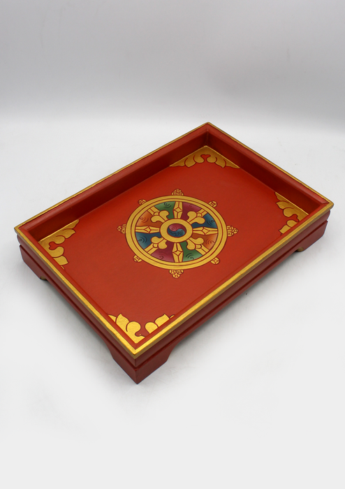 Handcrafted Dharmachakra Rectangular Tibetan Tray- Red