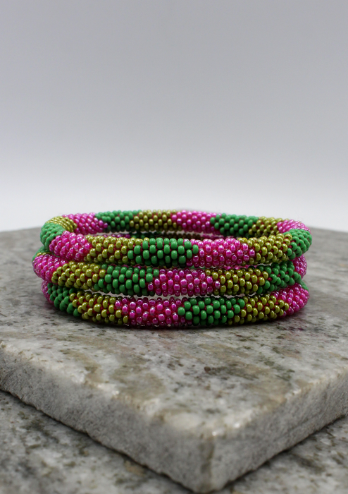Green Pink Stripe Nepalese Roll on Beads Bracelet