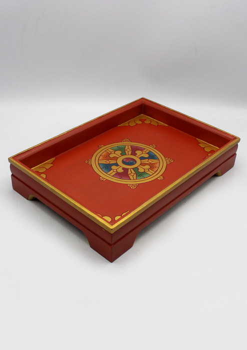 Handcrafted Dharmachakra Rectangular Tibetan Tray- Red
