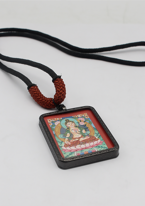 White Tara Hand Painted Mini Thangka Amulet Pendant
