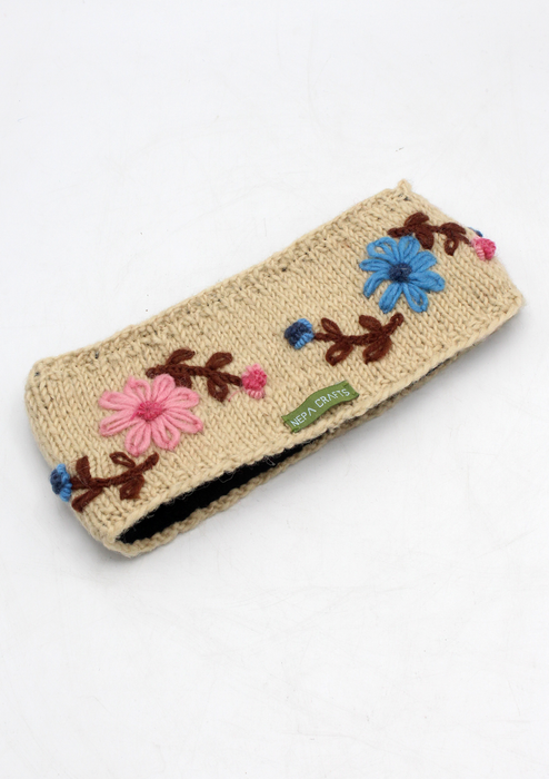 Flower Patterned Off-White Pure Wool Winter Sherpa Head Band with Inner Fleece