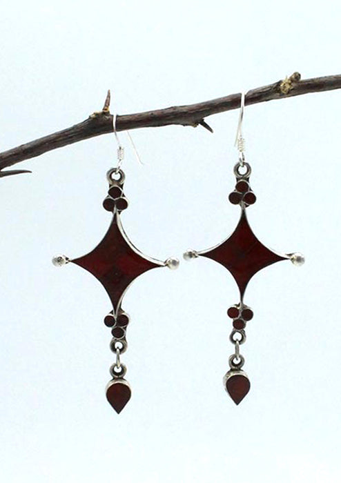 Sterling Silver Star Shaped Earrings with Inlaid Coral