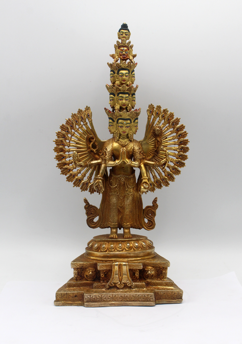 Thousand Arms Bodhisattva Avalokiteshvara Statue Antique Gold Patina 14.5"