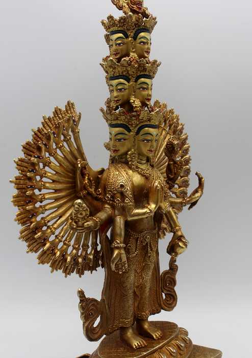 Thousand Arms Bodhisattva Avalokiteshvara Statue Antique Gold Patina 14.5"
