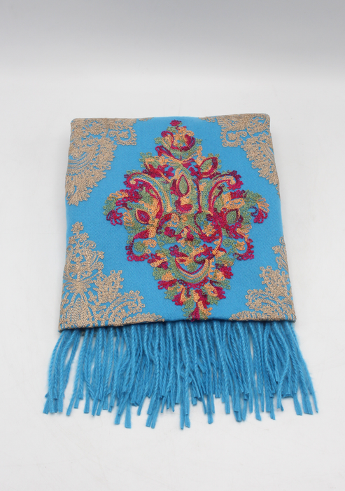 Turquoise Blue Woolen Embroidery Shawl