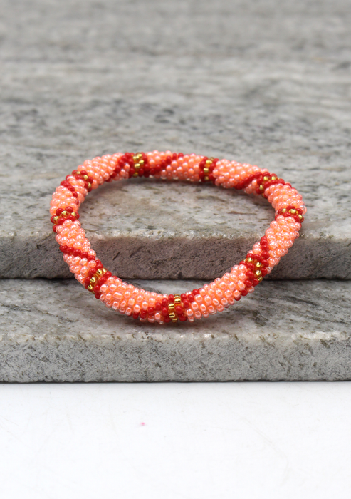 Red Pink Gold Stripe Nepalese Roll on Beads Bracelet
