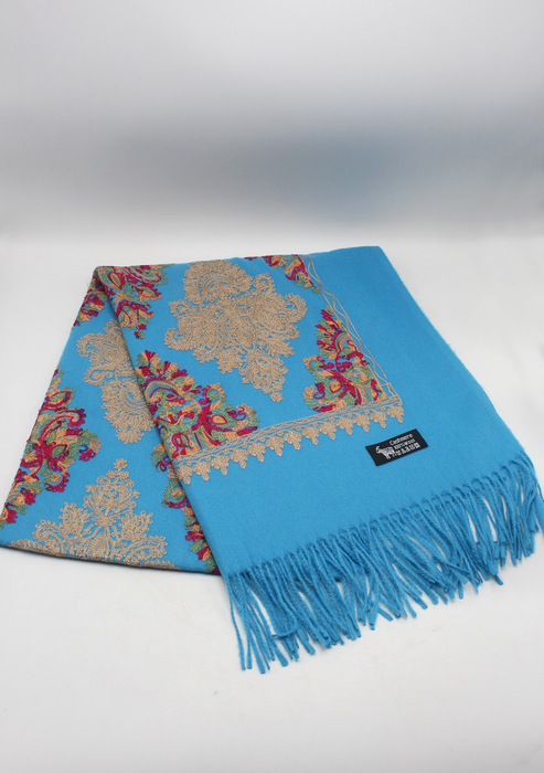 Turquoise Blue Woolen Embroidery Shawl