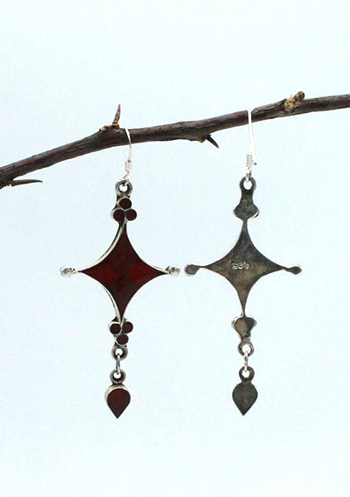 Sterling Silver Star Shaped Earrings with Inlaid Coral