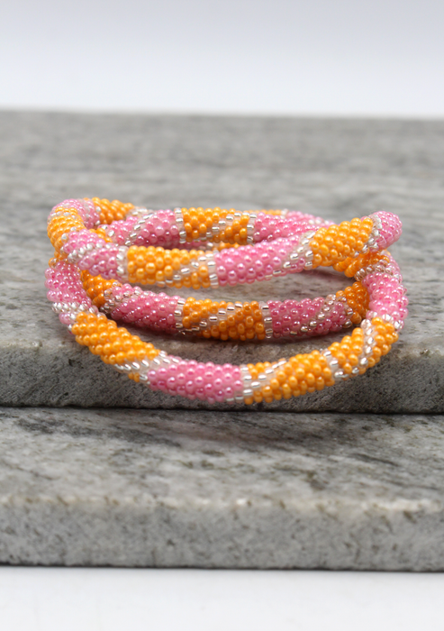 Orange Pink Nepalese Roll on Beads Bracelet