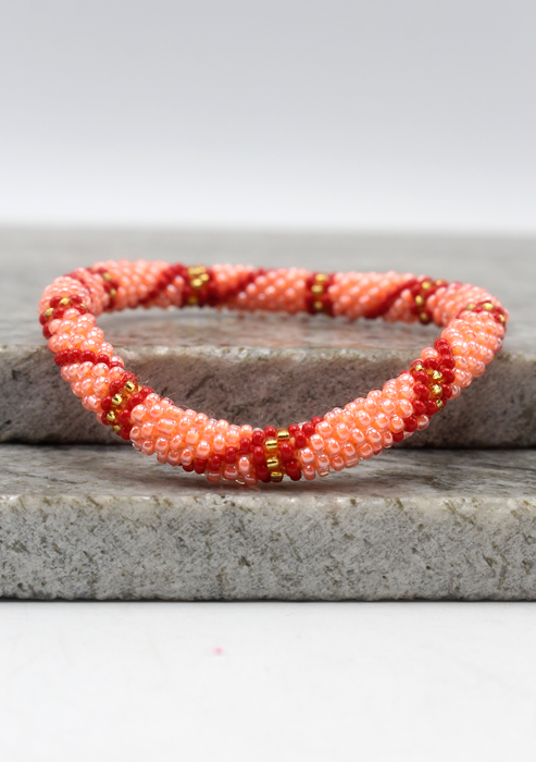 Red Pink Gold Stripe Nepalese Roll on Beads Bracelet