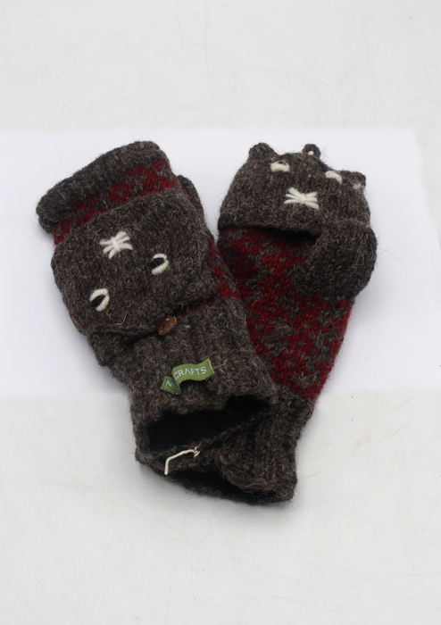 Natural Color Cat Design Knit Wool Convertible Woolen Mittens (Natural WOG41)