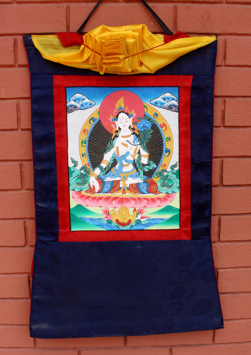 White Tara Wall Hanging Banner with Brocade stock clearance sale