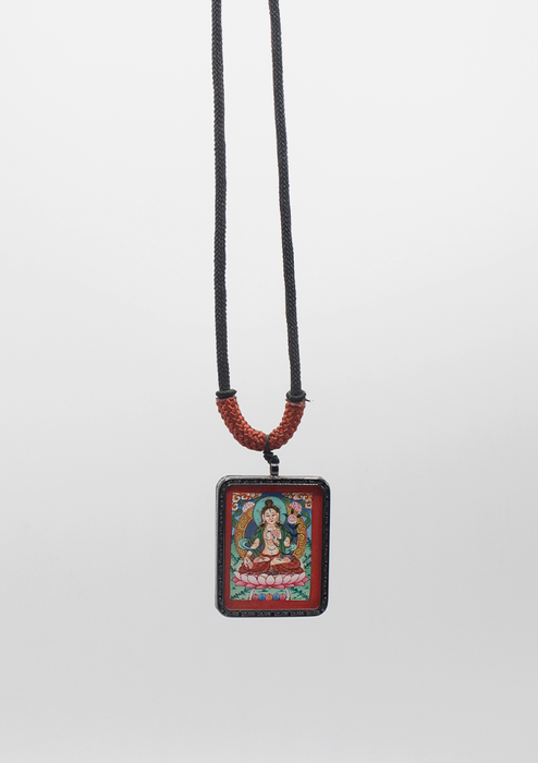 White Tara Hand Painted Mini Thangka Amulet Pendant