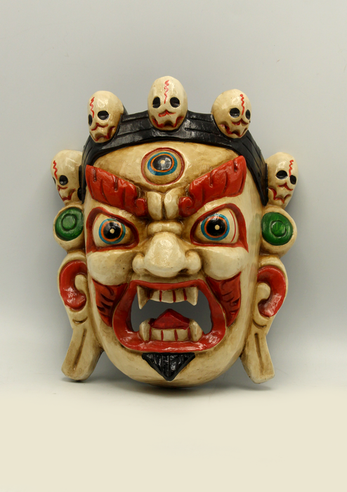 Handcarved and HandPainted Wooden Bhairab Wall Hanging Mask - White