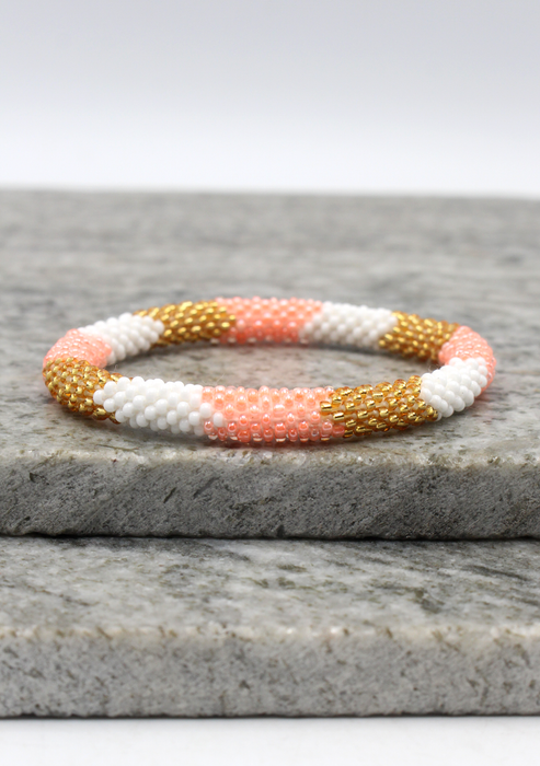Baby Pink Three Stripe Nepalese Roll on Beads Bracelet