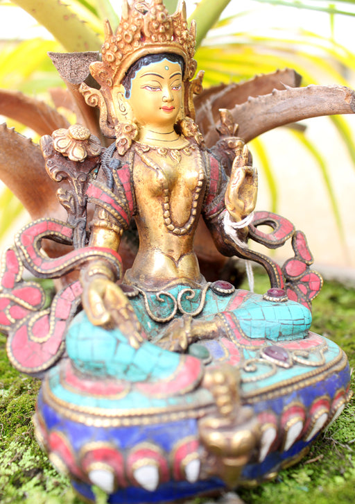 6" High Glowing Green Tara Statue with Inlaid Turquoise - nepacrafts