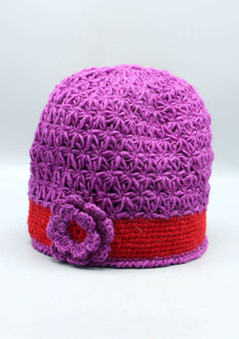 Red Border Flower Attached Purple Soft Crocheted Woolen Beanie