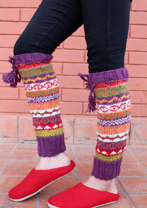 Multicolor Hand Knitted Purple Border Winter Legwarmers - nepacrafts