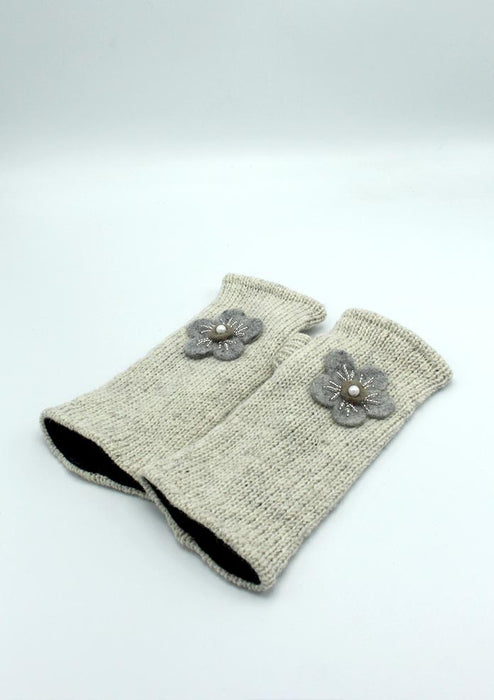 Beautiful White Color Finger less Hand Warmer with Grey Flower