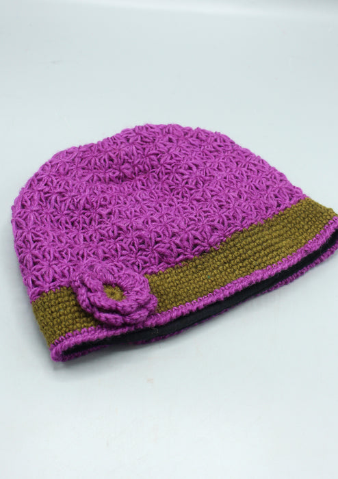Beige Border Flower Attached Purple Warm & Soft Crocheted Woolen Beanie