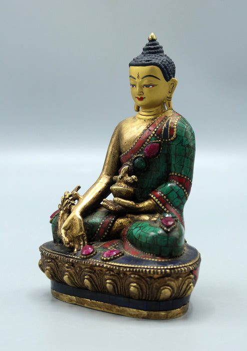 Face Painted Ruby and Emerald Inlaid Medicine Buddha Statue 5.5"