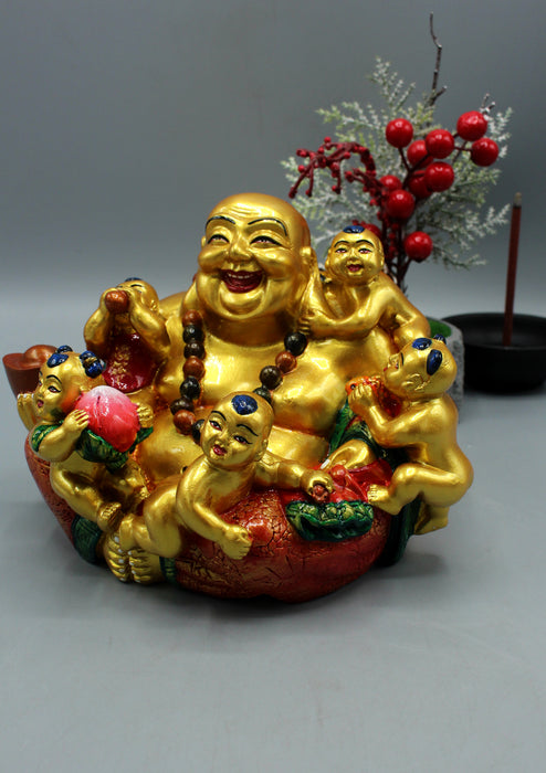Goldplated Hand Painted Feng Shui Laughing Buddha Sitting with Five Children Statue