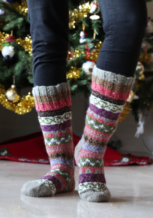 Green Pink Multicolor Handknitted Warm Winter Socks