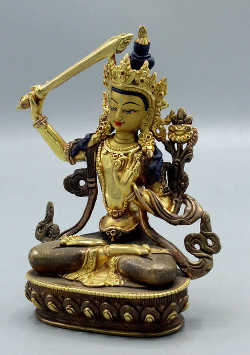Exclusive Partly Gold Plated Copper Manjushree Statue 6"