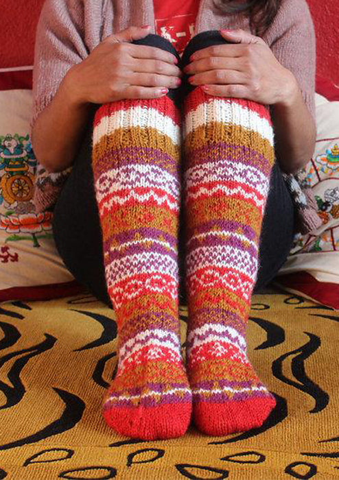 Red White Multicolor Warm Winter Knee High Socks