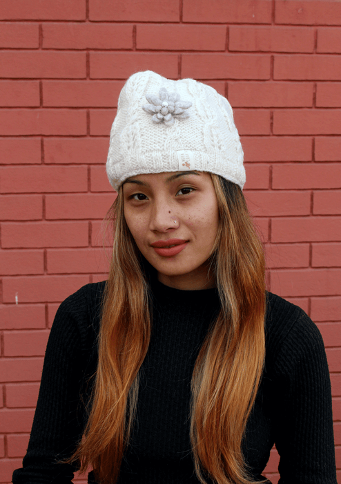 Nepalese Pure Wool White Sherpa Cap with Inner Fleece