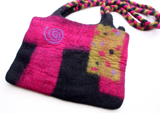 Colorful Pink Green and Black Felt Wool Women Carry Bag - nepacrafts