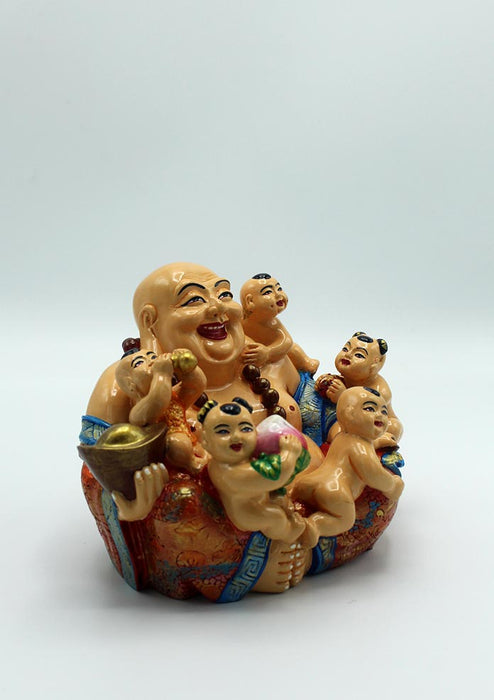 Hand Painted Feng Shui Laughing Buddha Sitting with Five Children Statue