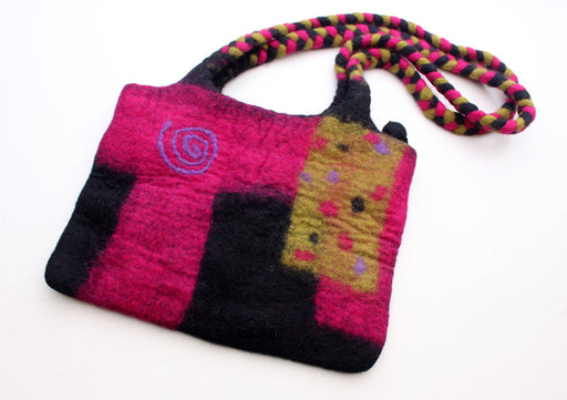 Colorful Pink Green and Black Felt Wool Women Carry Bag - nepacrafts