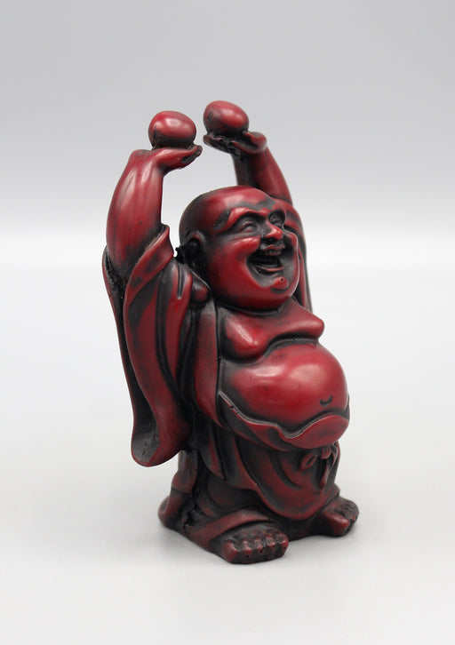 Laughing Buddha Raising Both Hands Maroon Resin Statue - nepacrafts