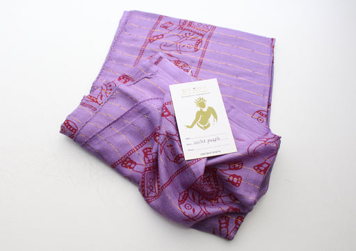 Violet Purple Cotton Meditation Scarf with Elephant Print, Jari Shawl/Scarf - nepacrafts