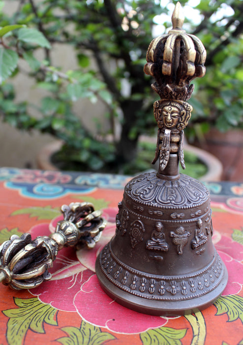 Tibetan Bell and Dorjee Set in a Copper Case with White Metal Carvings - nepacrafts