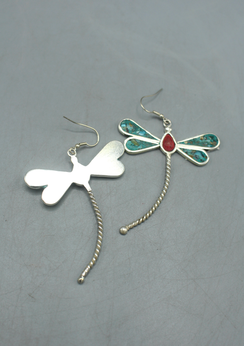 White Metal Coral and Turquoise Inlaid Dragonfly Earrings