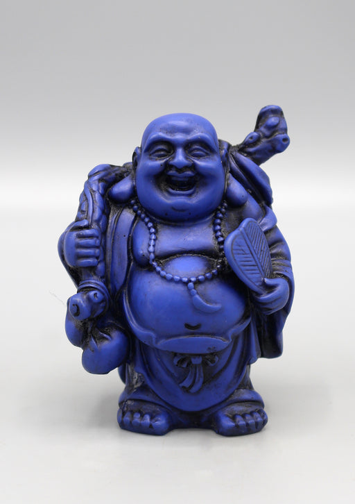 Blue Laughing Buddha with Fan Resin Statue - nepacrafts