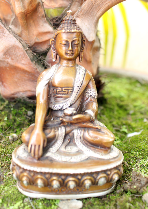 Hand carved Copper Shakyamuni Buddha Statue inlaid Silver Robes - nepacrafts