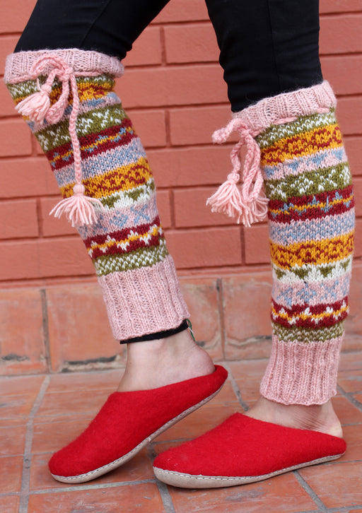 Light Pink Multicolor Hand Knitted Winter Legwarmers - nepacrafts