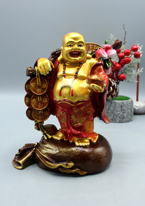 Gold Hand Painted Laughing Buddha Resin Statue 7 Inches