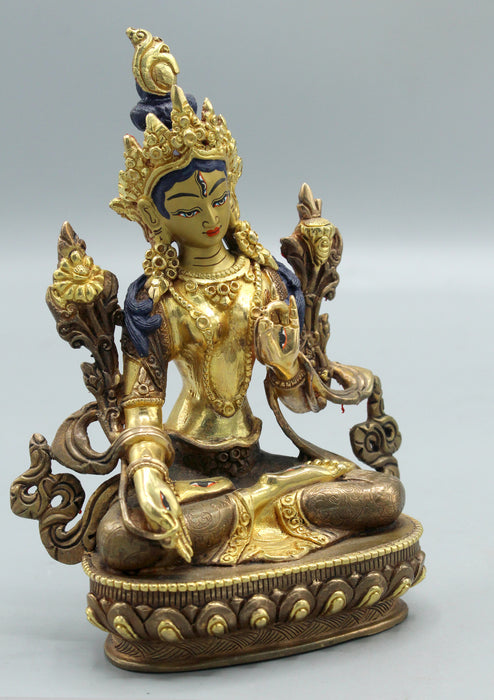 Partly Gold Plated Copper White Tara Statue 6"