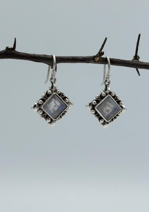 Sterling Silver Square Shaped Floral Moon Stone Earring