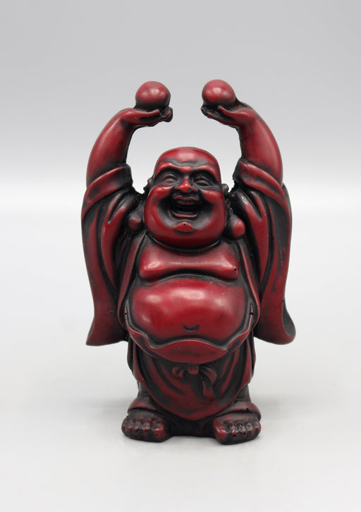 Laughing Buddha Raising Both Hands Maroon Resin Statue - nepacrafts