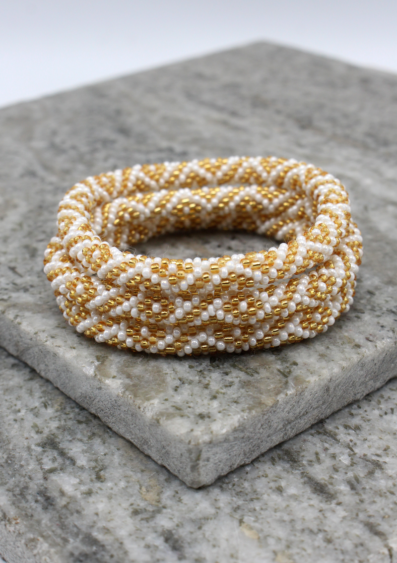 Nepalese Roll on Beads Golden White Diamond  Patterned Beads  Bracelet
