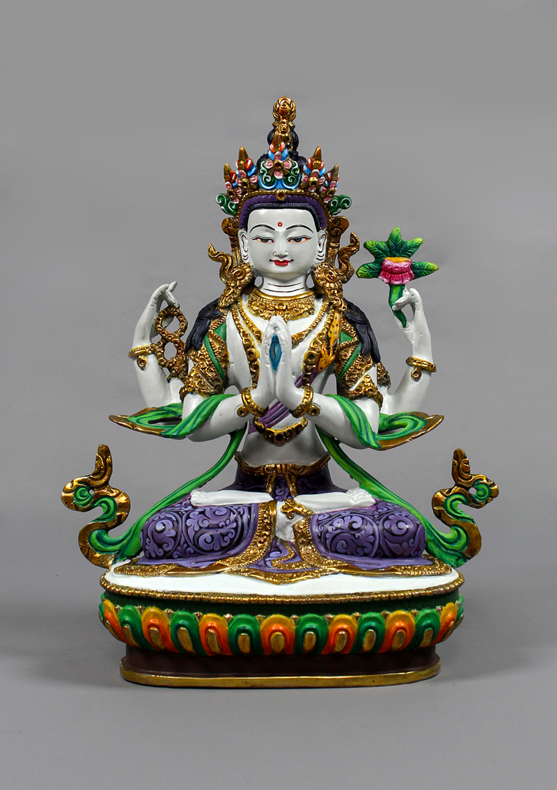 Partly Gold Gilded Handpainted Chenrezig Statue