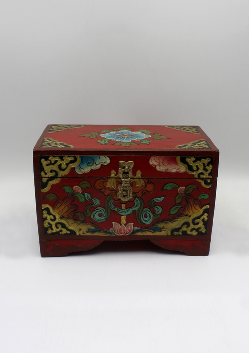 Handpainted Tibetan Flower Wooden Box with Parasol- Large