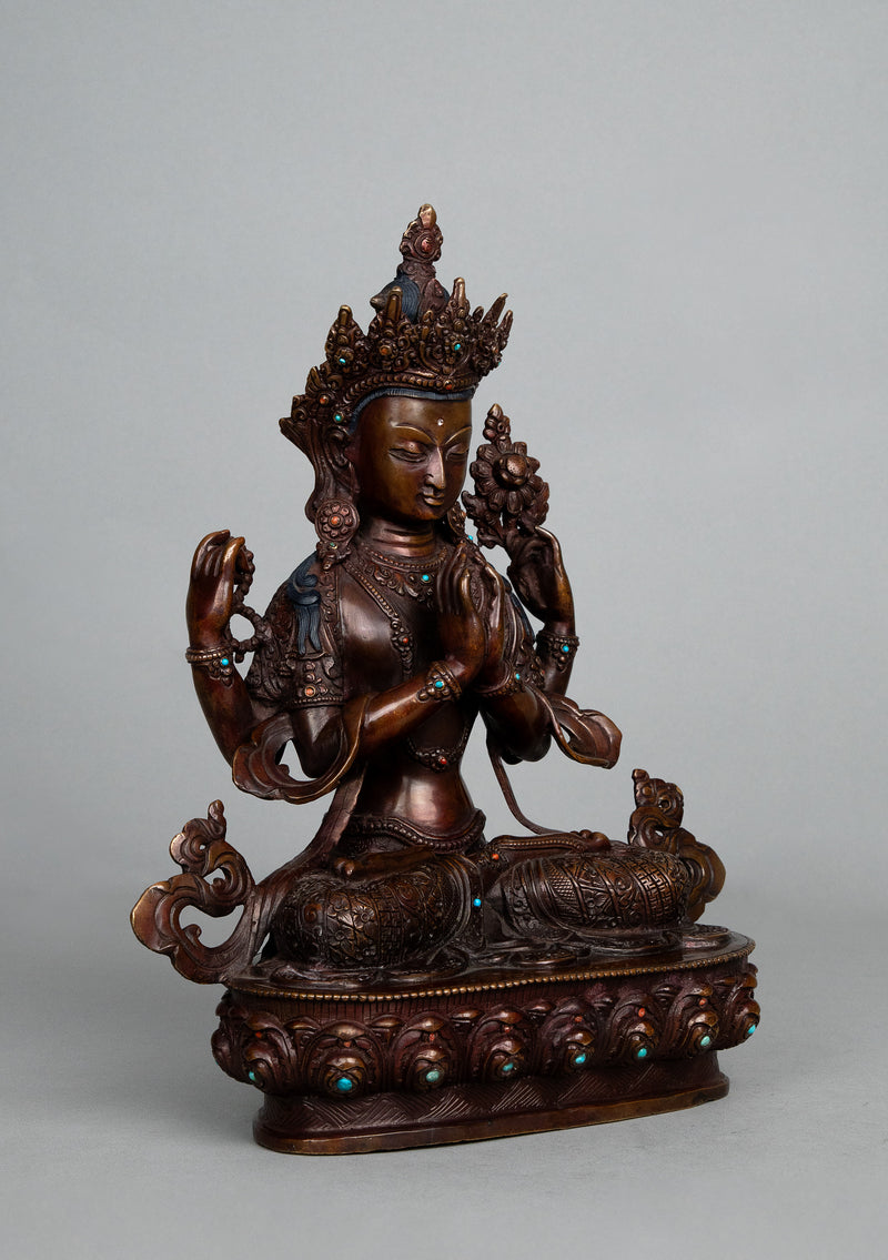Handcrafted Copper Chenrezig (Avalokiteshvara) Statue with Stone Inlay