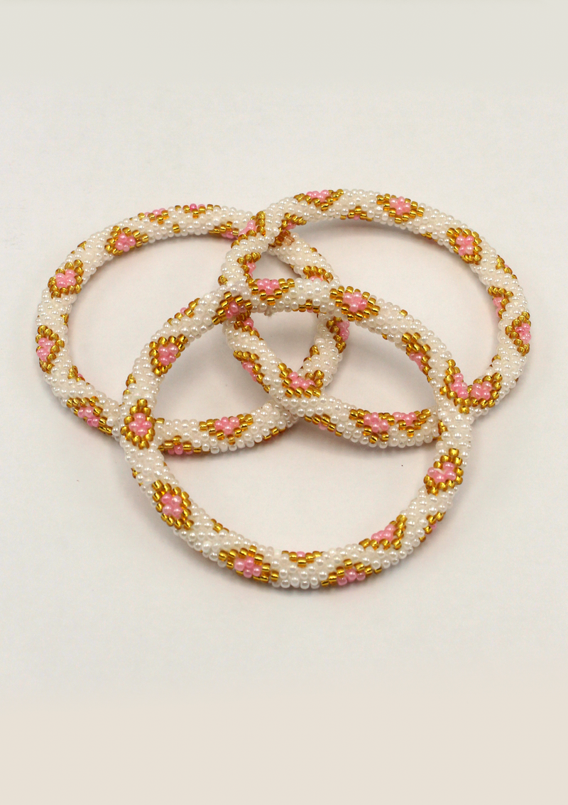 White Pink Glass Roll on Beads Bracelet