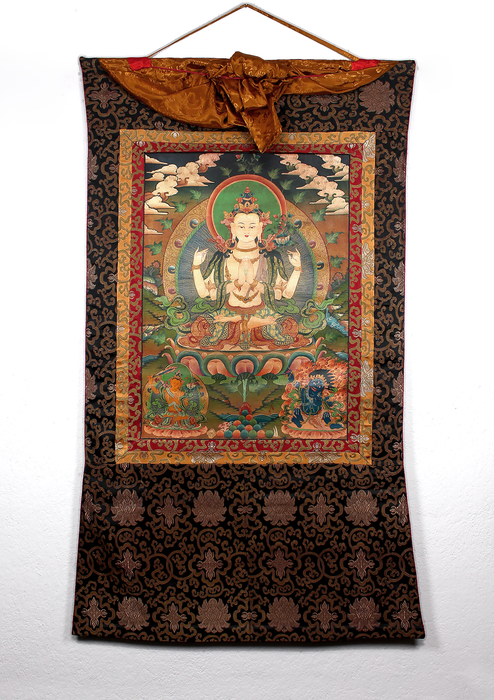 Antique Chenrezig Brocade Thangka Painting